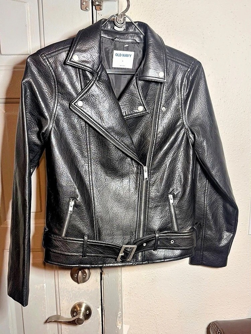 Old Navy Faux-Leather Belted Biker Jacket Black Moto Jacket